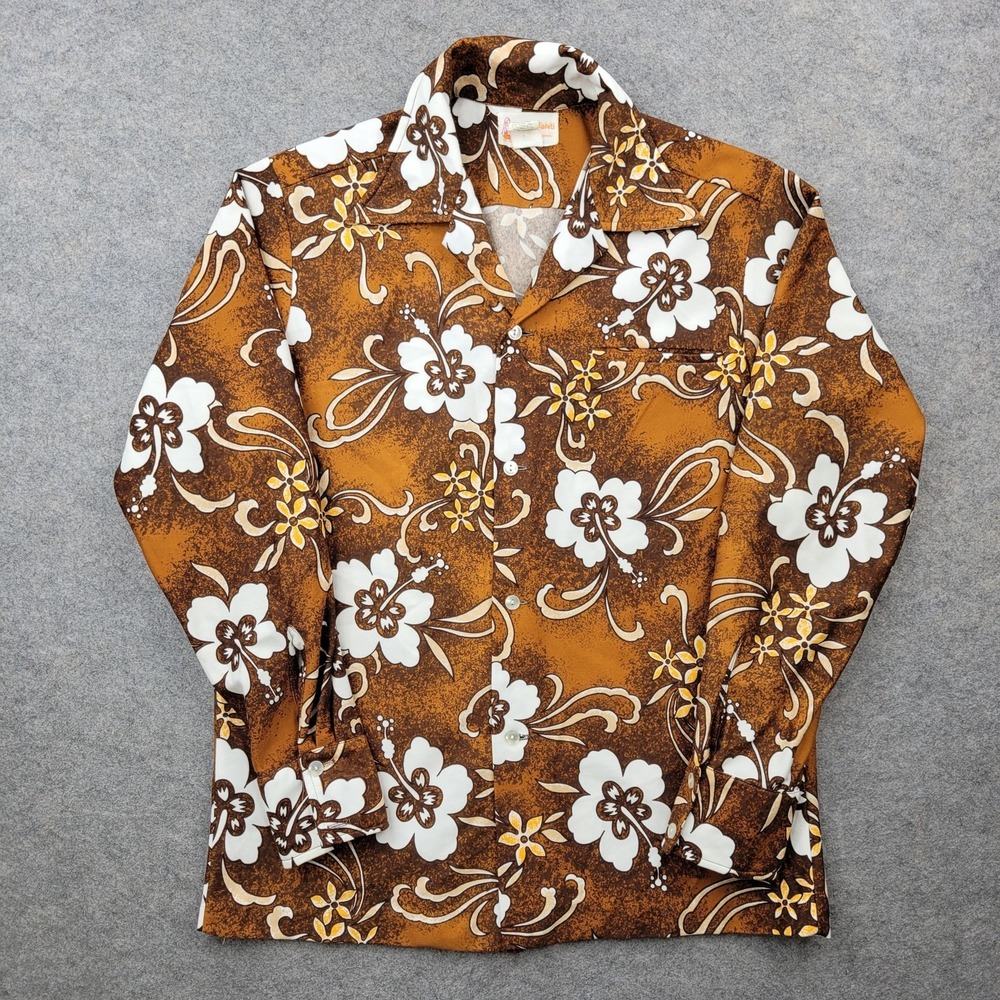 Vintage Pomare Tahiti Shirt Mens Small Brown Hawaiian Button Front Long Sleeve